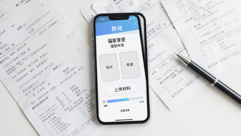 画面主体为一部手机屏幕显示“福家享受”理赔申请页面,页面上有上传材料的虚线框和进度条,手机旁边散落着几张模拟的医疗票据和一支笔,背景为干净的白色桌面,布局采用俯视角度,风格为办公场景写实风,细节上票据有模糊的文字排版,画质高清、干净、无多余元素