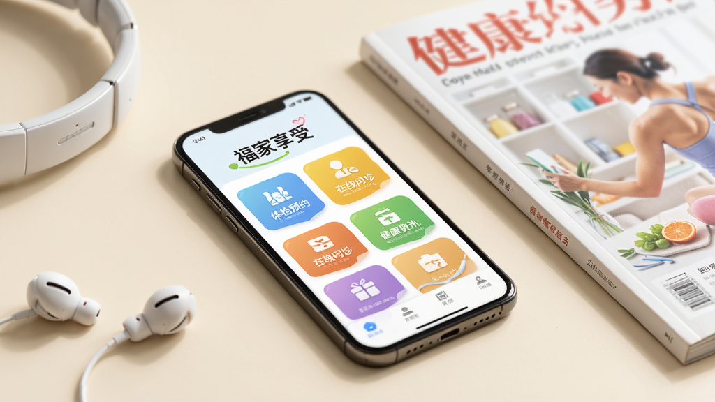 画面主体为一部手机斜放在桌面上,屏幕显示“福家享受”健康服务页面,页面中有体检预约、在线问诊、健康资讯等彩色功能入口,手机旁边放着一副白色耳机和一本健康杂志,背景为温暖的米白色调,布局采用三分法构图,风格为生活化场景展示,细节上杂志封面有模糊的健康主题图片,画质高清、干净、无多余元素