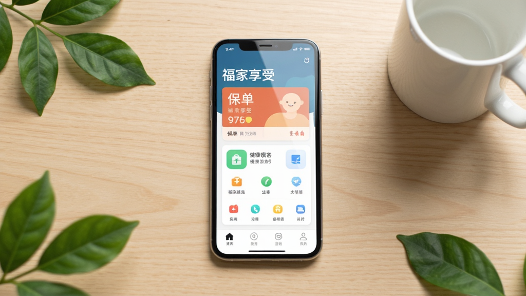 画面主体为一款智能手机,手机屏幕中央展示“福家享受”APP的主页界面,界面中包含保单卡片与健康服务图标,手机放置在一张干净的浅色木质桌面上,周围点缀几片绿叶和一个简约的白色马克杯,布局采用居中构图,风格为清新简约的扁平化UI展示风,细节上手机屏幕有轻微反光,桌面纹理清晰可见,画质高清、干净、无多余元素