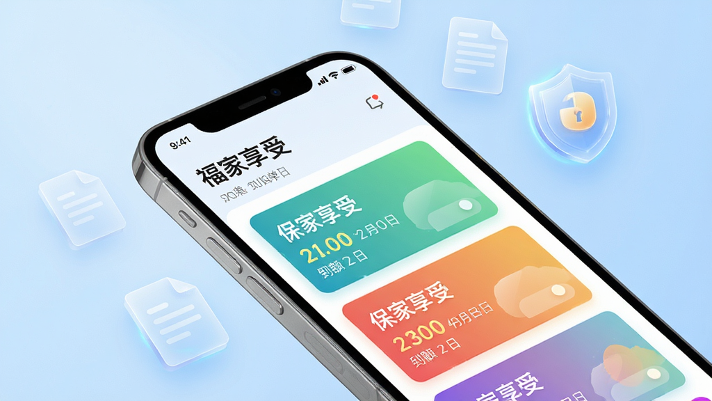 画面主体为一部手机屏幕特写,屏幕显示“福家享受”保单列表页面,多条彩色保单卡片整齐排列,每张卡片上标注保额与到期日,背景为柔和的浅蓝色渐变,手机周围漂浮着几个半透明的文档图标与盾牌图标,布局采用对角线构图,风格为现代科技感UI展示,细节上图标带有轻微发光效果,画质高清、干净、无多余元素