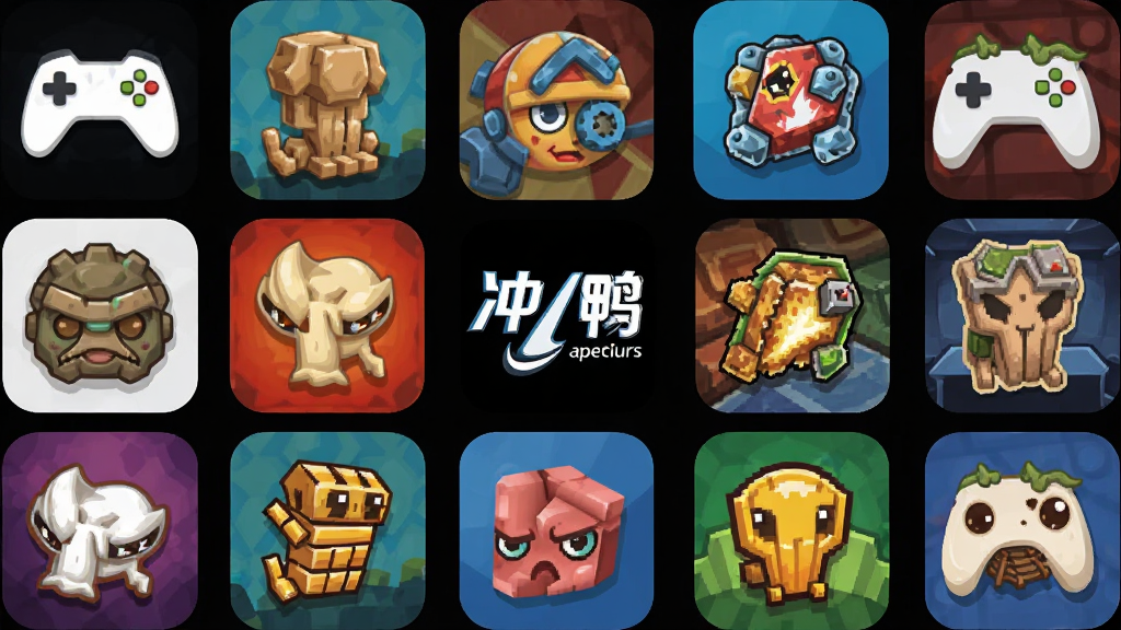 AI生图,主体为冲鸭变速器图标与多个游戏图标并列,布局为网格状排列,排版整齐,风格为扁平化,细节包括不同游戏类型的象征符号,画质高清,干净,无多余元素