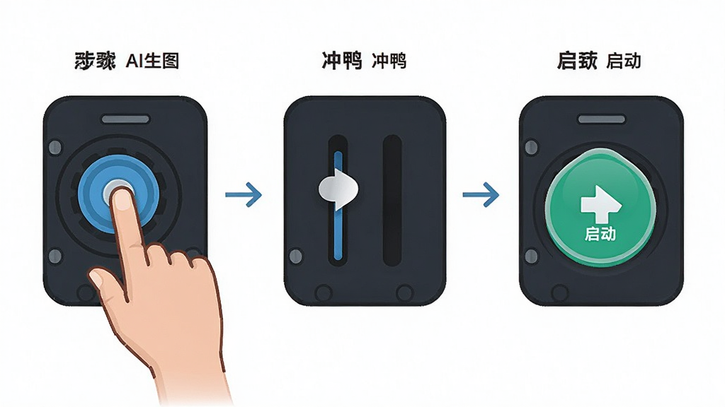 AI生图,主体为冲鸭变速器操作步骤示意图,布局为从左到右的三步流程图,排版清晰,风格为简约插画,细节包括手指点击、滑块拖动、启动按钮,画质高清,干净,无多余元素