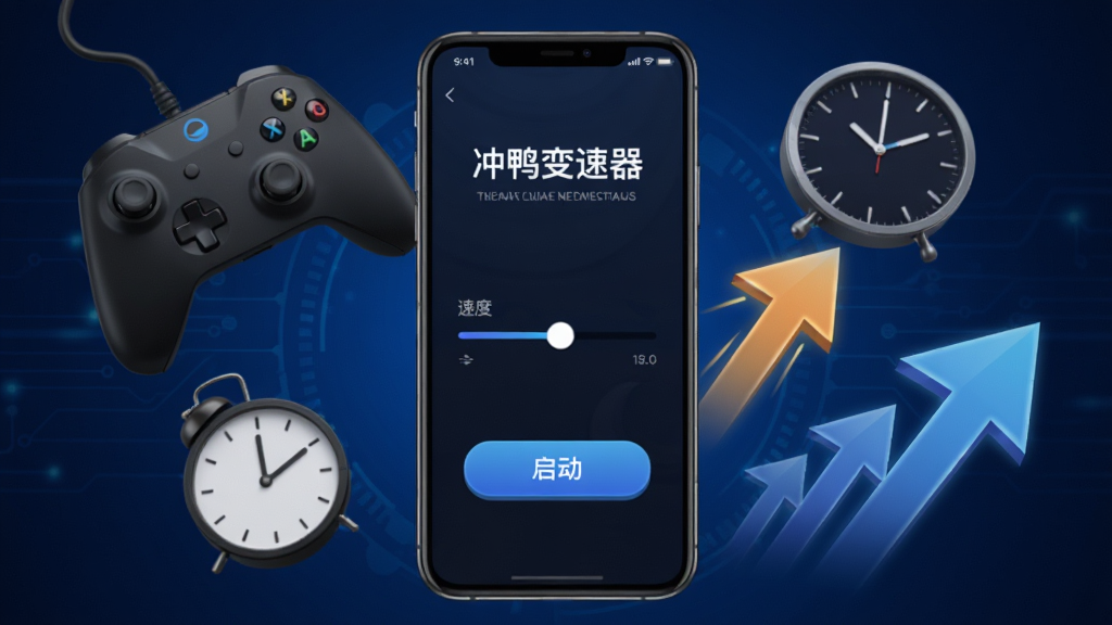 软件全貌展示图,画面中央放置一部智能手机,手机屏幕上显示冲鸭变速器的应用界面,界面包含速度调节滑块和启动按钮,手机周围环绕着游戏手柄、时钟、加速箭头等元素,背景为深蓝色科技感渐变,整体风格简洁现代,细节清晰,画质高清,干净,无多余元素