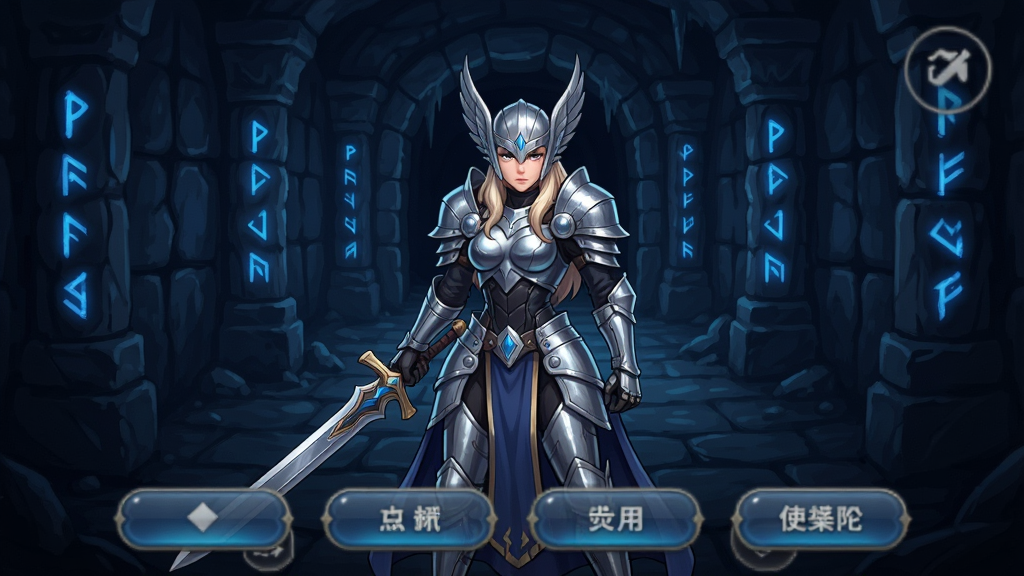 一张展示女武神与地下城游戏主界面的竖版手机截图风格图片,画面中央是一位身穿银色铠甲、手持长剑的女武神角色立绘,背景是幽暗的地下城入口,石壁上闪烁着蓝色符文光芒,整体色调以深蓝与银灰为主,画面下方排列着几个圆角矩形按钮,风格为日系二次元手游UI,细节精致,画质清晰干净,无多余元素
