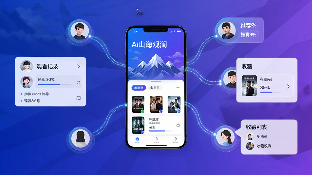 一个AI智能推荐概念图,画面中央是山海观澜应用界面,周围环绕着用户头像、观看记录、收藏列表等数据节点,通过光线连接形成推荐网络,风格科技感十足,配色以蓝紫渐变为主,细节有推荐标签、匹配度百分比、剧集封面缩略图,画质高清,干净,无多余元素