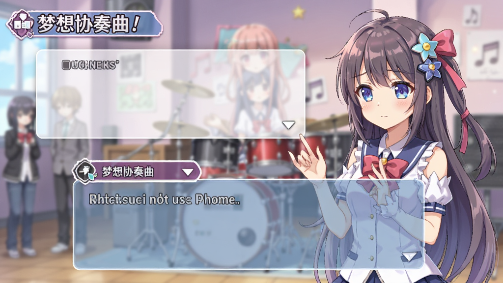 梦想协奏曲!少女乐团派对!剧情对话界面,画面展示两位动漫少女角色对话场景,布局为视觉小说式对话框,风格为日系二次元风格,细节包含角色表情、背景场景与对话框UI,画质高清,画面干净无多余元素
