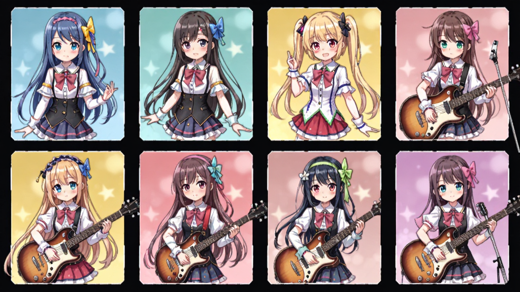 梦想协奏曲!少女乐团派对!游戏界面展示多位动漫少女角色卡牌立绘,画面采用网格布局排列不同乐队成员,风格为日系二次元卡牌风格,细节包含各角色专属服装与乐器,画质清晰,画面干净整洁