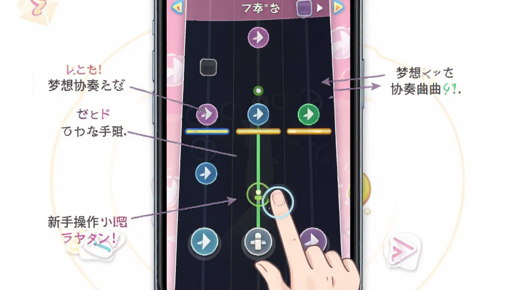 梦想协奏曲!少女乐团派对!新手操作界面示意图,画面展示手机屏幕中的节奏打击轨道与手指点击操作,布局为竖版手游界面标注操作要点,风格为日系音游风格,细节包含音符图标与判定线,画质清晰,画面干净无多余元素