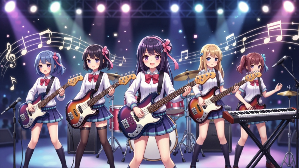 一张以梦想协奏曲!少女乐团派对!为主题的手机游戏宣传图,画面中央展示多位动漫风格少女手持乐器在舞台上演奏,背景为绚丽舞台灯光与音符特效,布局采用横版构图,风格为日系二次元动漫风,细节包含吉他、贝斯、鼓组、键盘等乐器元素,画质高清,画面干净,无多余元素