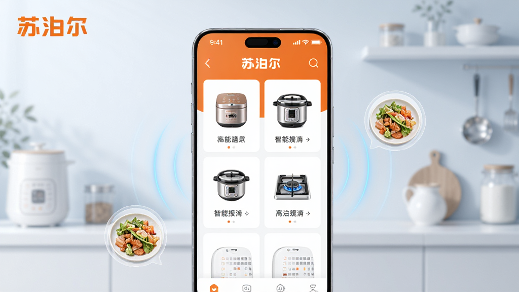 画面中央一部智能手机竖屏展示苏泊尔App主界面,界面内呈现智能电饭煲、电压力锅、燃气灶等设备卡片图标,手机周围环绕苏泊尔品牌标识与厨房场景元素,背景为浅蓝色渐变,布局居中对称,风格简洁现代科技感,细节包含设备连接波纹与菜谱气泡,画质高清干净,无多余元素