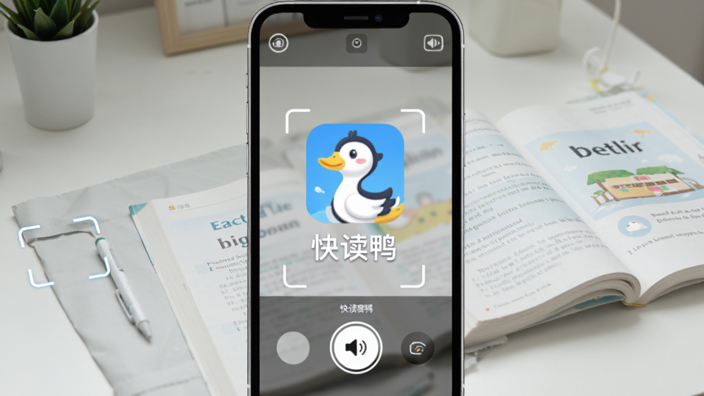 快读鸭软件主界面预览图,手机屏幕显示拍照识别英语课本的场景,画面中央是快读鸭APP图标和名称“快读鸭”,背景是整洁的书桌和英语教材,整体布局清晰,风格现代简约,细节包含识别框和朗读按钮,画质高清,干净无多余元素