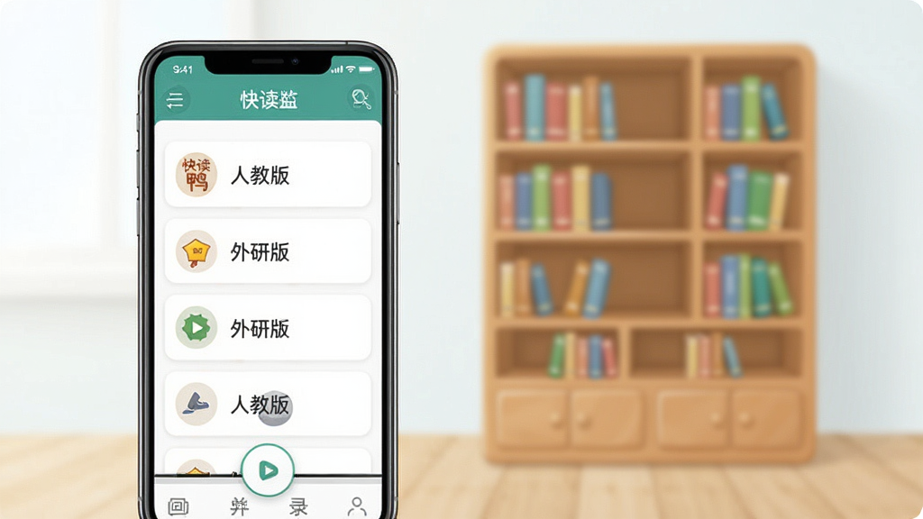 快读鸭教材同步界面预览图,手机屏幕显示教材选择列表,包含人教版、外研版等选项,背景有虚拟书架装饰,风格整洁教育风,布局清晰,细节展示单元目录和播放按钮,画质高清,干净无多余元素