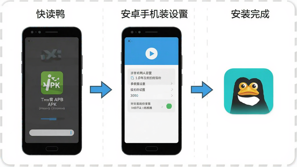 快读鸭安卓手机安装步骤示意图,画面展示手机屏幕从下载APK到安装完成的流程,包含权限设置界面和快读鸭图标,风格扁平化教程风,布局分步清晰,细节有箭头指示,画质高清,干净无多余元素