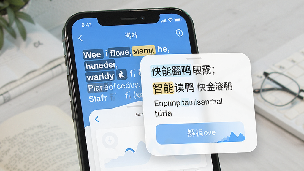 快读鸭智能翻译功能示意图,手机屏幕显示英语句子和对应的中文翻译浮层,单词被高亮标注,风格简洁明快,布局直观,细节包含音标和释义按钮,画质清晰,干净无多余元素