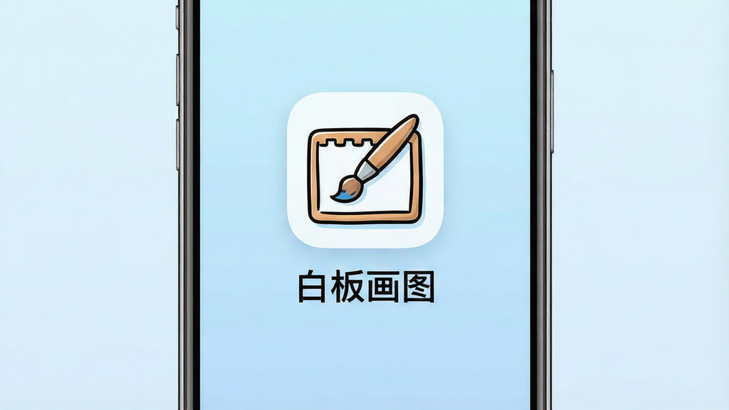 一张白板画图应用启动页面的手机预览图,画面中央为应用图标和名称,背景为淡蓝色渐变,布局简洁居中,风格极简清新,细节包括图标中的画笔和画板元素,画质清晰干净,无多余元素,底部显示“白板画图”文字