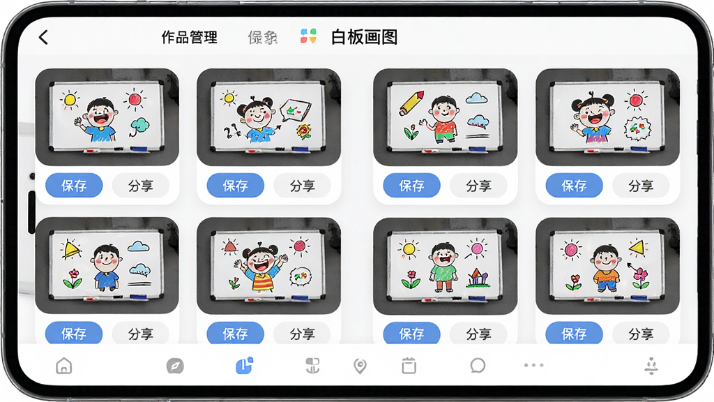 一部手机展示白板画图的作品管理界面,画面中排列着多张彩色简笔画缩略图,每张缩略图下方有保存和分享按钮,布局为两列网格排列,风格清爽现代,细节包括缩略图圆角边框和底部导航栏,画质清晰干净,顶部标题栏显示“白板画图”