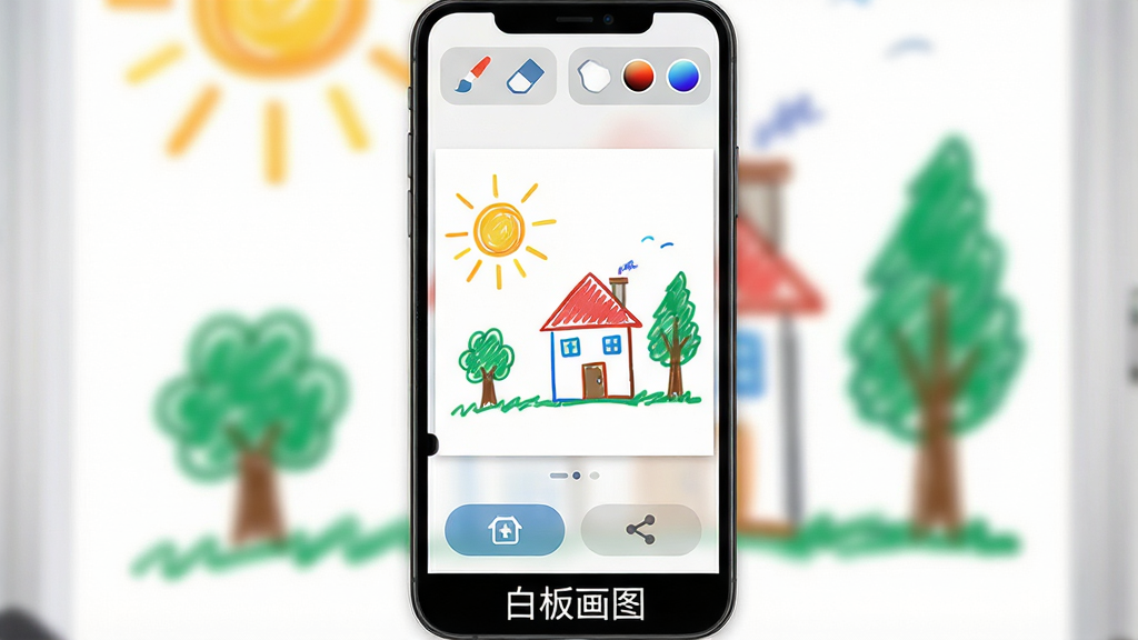 一幅手机屏幕展示白板画图应用界面的预览图,画面中央是白色画布,画布上用彩色线条绘制了简笔画太阳、房子和树木,顶部工具栏显示画笔、橡皮擦、颜色选择图标,底部有保存和分享按钮,整体布局为竖屏手机界面,风格清新简洁,细节包括彩色笔触痕迹和半透明工具栏,画质清晰干净,无多余元素,屏幕下方标注“白板画图”应用名称