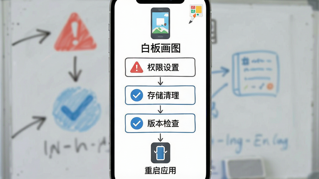 一张白板画图应用在手机上的常见问题解决流程图,画面以竖版信息图形式呈现,顶部为手机图标,中部列出权限设置、存储清理、版本检查三个步骤框,底部为重启应用图标,风格扁平化信息图,细节包括红色警示图标和蓝色对勾图标,画质清晰干净,图中标注“白板画图”文字