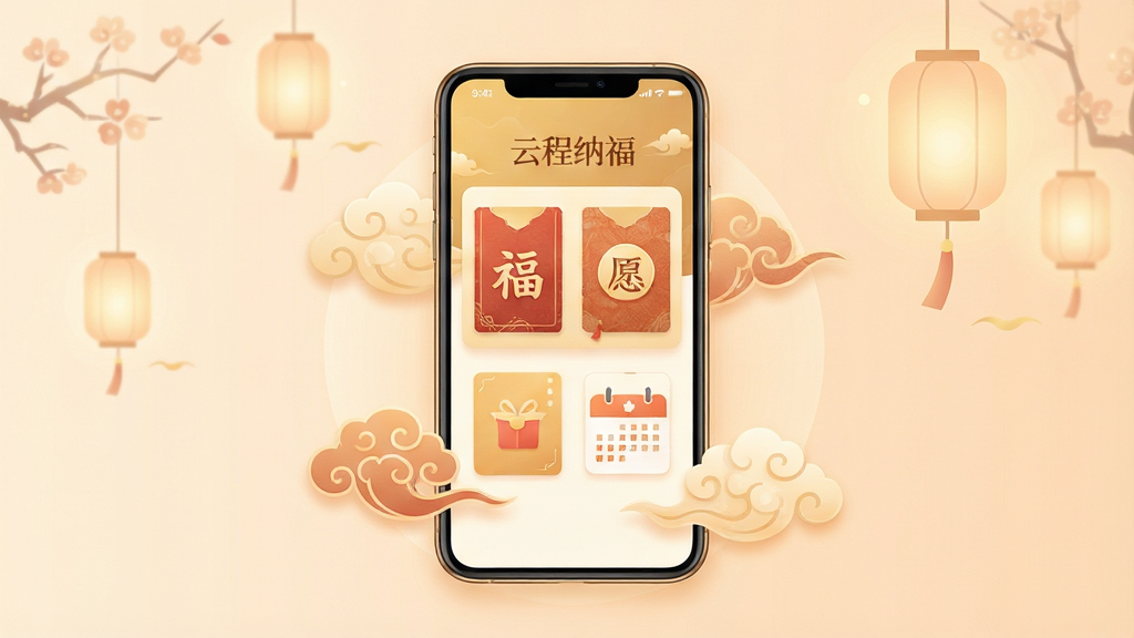画面中央放置一部智能手机,屏幕显示“云程纳福”应用主界面,界面以暖金色和米白色为主,包含福签、心愿卡片和日历图标;手机周围环绕祥云纹样和柔和的灯笼光晕;背景是淡雅的浅杏色渐变,整体布局居中对称;风格为现代扁平插画结合轻微国风元素;细节包括屏幕上的文字“云程纳福”清晰可见,福签边缘有细微纹理,光影柔和自然;画质高清,干净无多余元素