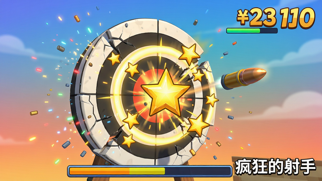 游戏战斗场景截图,画面中子弹刚刚击中靶心,爆发出金色星星和圆环特效,右上角显示连击数字,底部有分数条,风格为鲜艳的卡通渲染,细节包括飞散的粒子、靶子碎裂的纹路、背景的渐变天空,画质清晰干净,画面中带有“疯狂的射手”文字标识。
