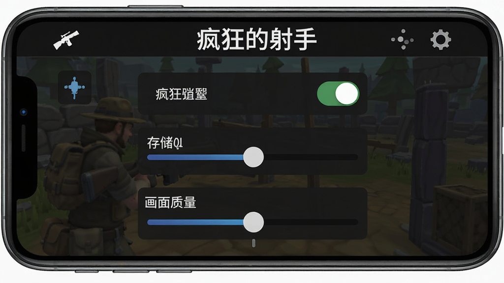 手机屏幕显示疯狂的射手游戏设置界面,画面中有权限开关、存储选项和画面质量调节条,风格为简洁的深色UI设计,细节包括图标、文字标签、滑块控件,画质清晰干净,画面中带有“疯狂的射手”文字标识。