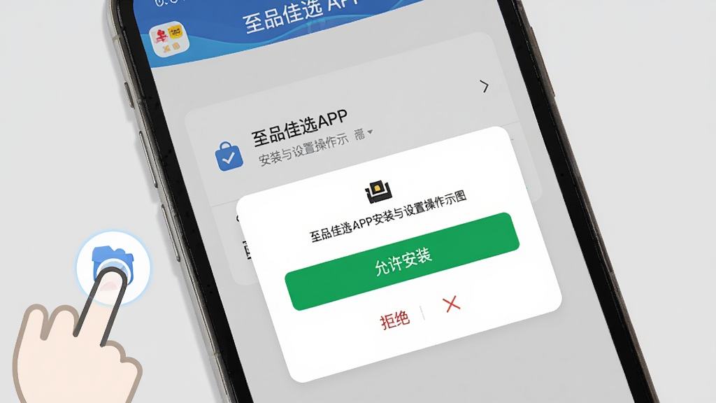 ��Ʒ��ѡAPP��װ�����ò���ʾ��ͼ������Ϊ�ֻ���Ļ��д����Ļ��չʾ��Ʒ��ѡAPP��Ȩ������ҳ���밲װȷ�ϵ������ɼ�