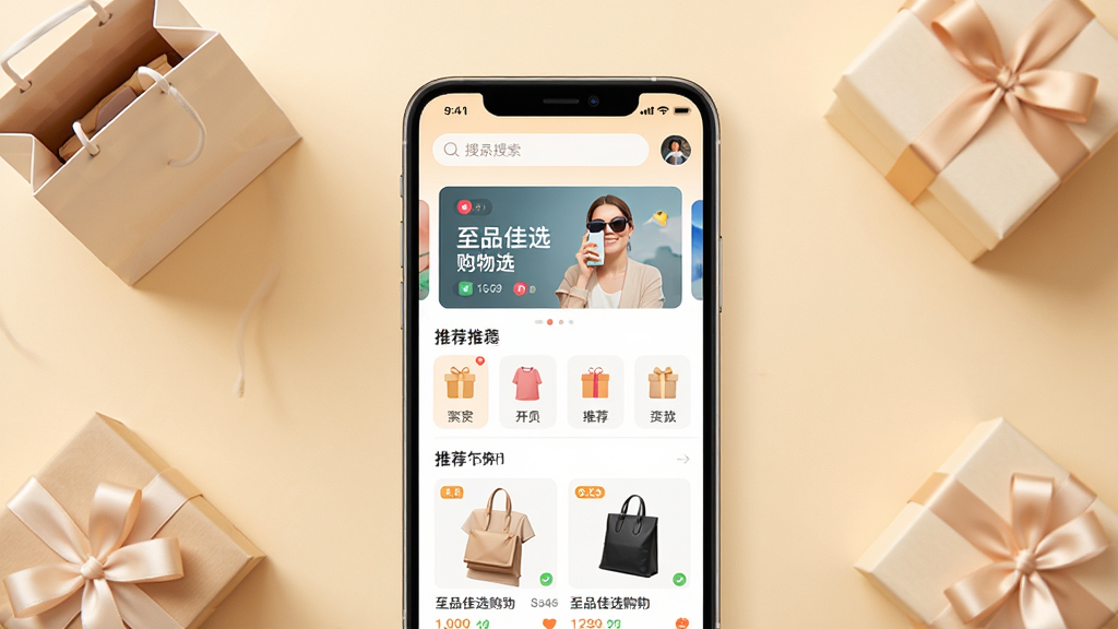 ��Ʒ��ѡ����APP����չʾͼ����������һ�������ֻ�����Ļ��ʾ��Ʒ��ѡAPP��ҳ���Ϸ������������ֲ�ͼ���·�Ϊ��Ʒ����ͼ����Ƽ���Ʒ�б�������Ϊǳůɫ������Χɢ���Լ���������е�Ԫ�أ��������������������־��жԳƣ�ϸ�ھ��£����ʸ��壬�ɾ��޶���Ԫ��