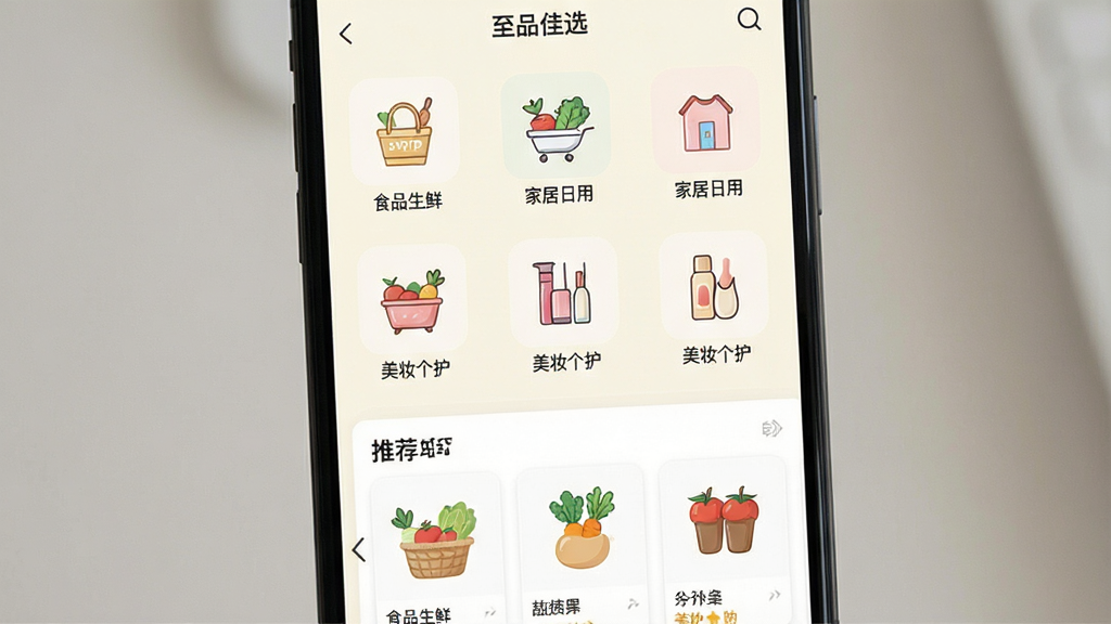 ��Ʒ��ѡAPP��Ʒ����ҳ��չʾͼ������Ϊ�ֻ���Ļ��д����Ļ��չʾ��Ʒ��ѡAPP����Ʒ������棬�ɼ�ʳƷ���ʡ��Ҿ����á���ױ�����ȷ���ͼ���������У�ÿ��ͼ�����Լ��廭������Ϊ����װ�ɫ�������·����Ƽ���Ʒ���򻬶���Ƭ���������Լ���£����ֹ����������������ɾ��޶���Ԫ��
