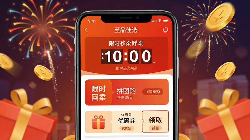 ��Ʒ��ѡAPP�Żݻҳ��չʾͼ������Ϊ�ֻ���Ļ��д����Ļ��չʾ��Ʒ��ѡAPP�Ĵ����ҳ���ɼ���ʱ��ɱ����ʱ��ƴ�Ź�������Ż�ȯ��ȡ������ɫ�ԳȺ�ɫΪ����Ӫ�����ҹ����Χ�������������ҵ�׺��������������죬���ֽ��գ����ʸ��壬�ɾ��޶���Ԫ��