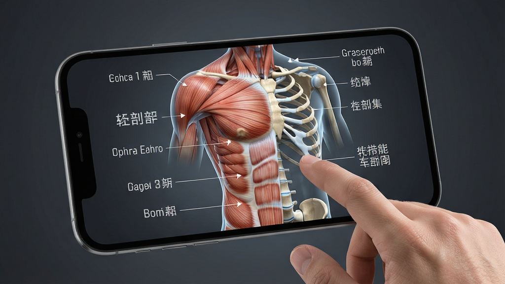 人体解剖学图集三维交互功能展示,画面中一只手正在触控手机屏幕,屏幕上显示半透明的人体躯干模型,肌肉层正在被剥离露出内部骨骼,周围有英文和中文解剖标注引线,背景为深灰色渐变,布局突出屏幕内容,风格科技医学风,细节包含肌肉纤维纹理、骨骼关节面、标注文字清晰,画质高清,干净,无多余元素