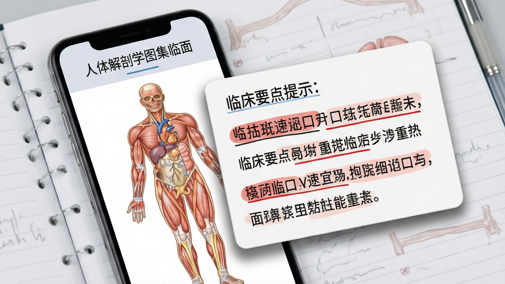 人体解剖学图集临床要点提示界面,画面展示手机屏幕上的解剖图旁弹出临床知识卡片,卡片上有红色重点标记和速记口诀,背景为浅灰色医学笔记风格,布局突出卡片内容,风格专业教育风,细节包含卡片阴影、重点下划线、口诀文字,画质高清,干净,无多余元素
