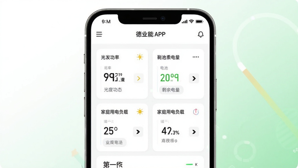 一张展示德业储能APP核心界面的手机样机图,画面中央是一部现代智能手机,屏幕上显示德业储能应用的主页仪表盘,包含光伏发电功率、电池剩余电量、家庭用电负载等数据卡片,背景为简洁的白色和浅绿色渐变,整体风格干净清爽,科技感十足,画质高清,无多余元素