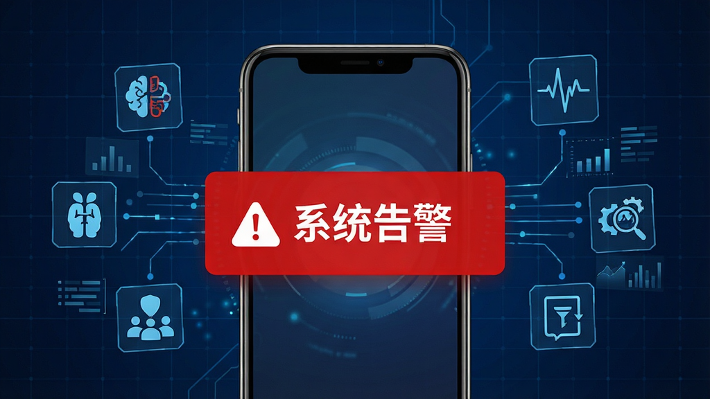一张表现德业储能智能告警功能的生图,画面中心是一部手机弹出红色告警通知卡片,卡片上写着“系统告警”字样,手机周围环绕着抽象的故障诊断图标和数据流线条,背景为深蓝色科技网格,整体风格专业且醒目,画质高清,无杂乱元素