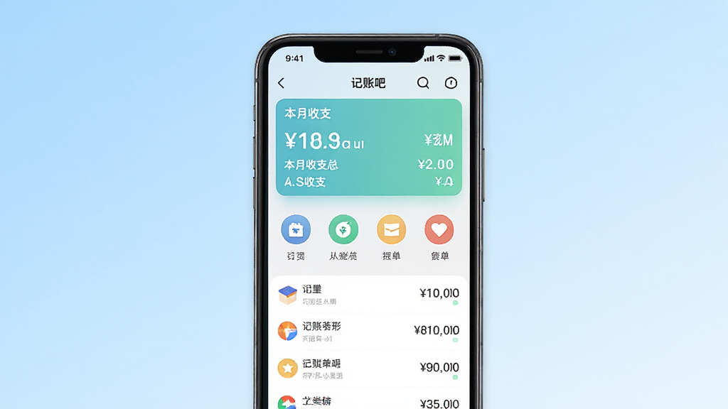 记账吧手机应用界面展示,画面中央为手机屏幕显示记账吧app的记账主页面,上方有本月收支总览,下方为分类图标与账单列表,背景为浅蓝色渐变,风格简洁清新,细节包括数字金额与彩色分类图标,画质清晰,干净,无多余元素