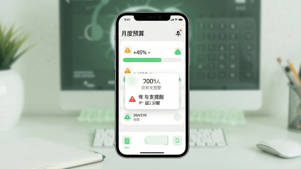 记账吧预算提醒功能展示,画面为手机屏幕显示月度预算进度条与超支预警弹窗,背景为白色与浅绿色搭配,风格清爽,细节包括进度条百分比与提醒图标,画质清晰,干净,无多余元素