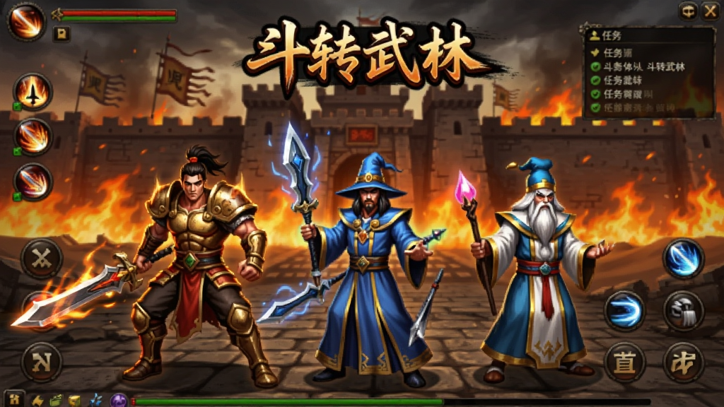 整体画面以经典传奇游戏风格为主,画面中央是斗转武林游戏主界面,背景为沙城城墙与熊熊战火,前景展示战士、法师、道士三个职业角色并排站立,角色身穿发光装备,界面四周有技能按钮与任务追踪栏,整体色调偏暗金与红色,布局采用中心对称构图,风格为写实武侠游戏宣传图,细节包括角色铠甲纹理、武器光效、地面砖石质感,画质高清,干净,无多余元素