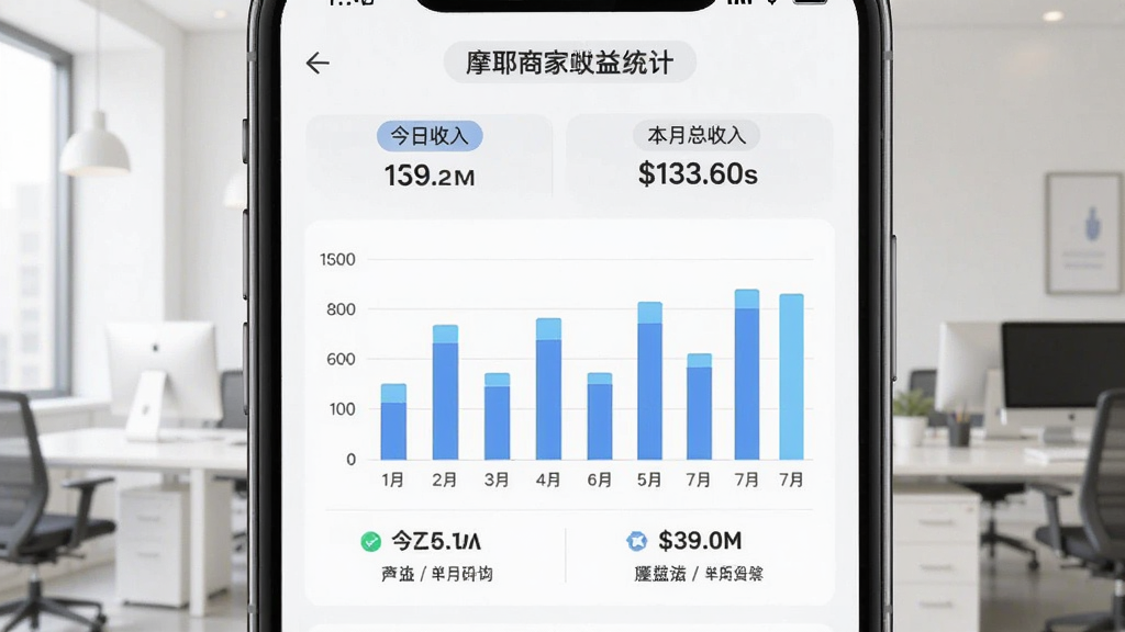 摩耶商家端收益统计页面展示图,手机屏幕显示柱状图与数字金额,页面顶部有“今日收入”“本月总收入”等标签,背景为浅色办公环境,风格商务简洁,排版清晰,画质干净,无多余装饰
