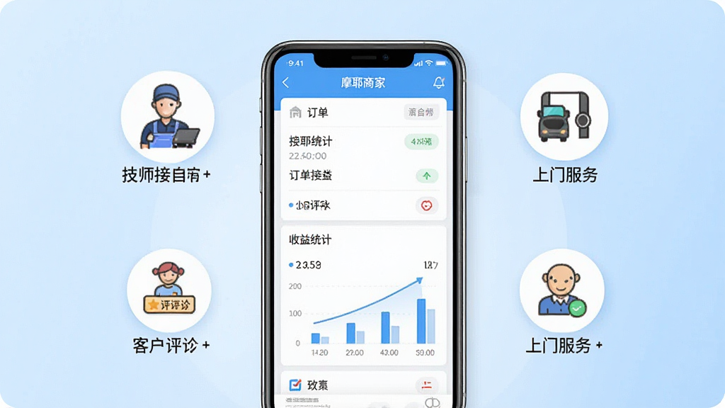 一张展示摩耶商家端手机应用界面的场景图,画面中央是一部竖屏智能手机,屏幕显示订单列表和收益统计图表,手机周围环绕着技师接单、上门服务、客户评价等小图标,背景为浅蓝色渐变,风格简洁商务,细节清晰,画质干净,无多余元素
