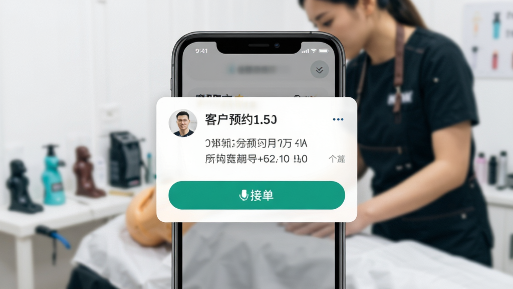 摩耶商家端订单推送功能展示图,画面主体为手机屏幕弹出新订单通知卡片,卡片上显示客户预约信息与接单按钮,背景为技师工作场景虚化处理,风格现代简约,排版突出通知卡片,画质清晰干净