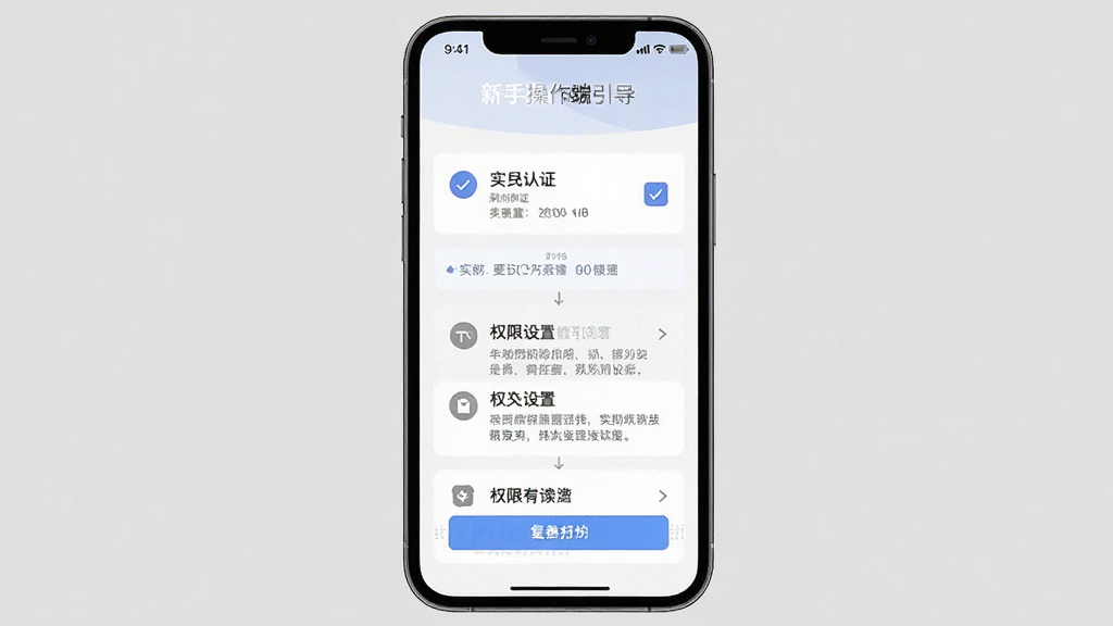 一张摩耶商家端新手操作引导图,画面为手机屏幕显示实名认证与权限设置步骤,界面有勾选按钮和提示文字,背景为简洁灰色,风格扁平化,排版从上到下分步展示,画质清晰干净
