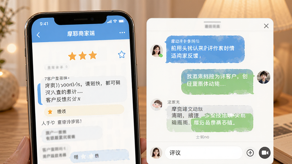 摩耶商家端客户评价与聊天界面图,手机屏幕左侧显示评价星级与文字反馈,右侧为聊天对话窗口,背景为柔和暖色调,风格亲切自然,排版左右分栏,画质干净整洁