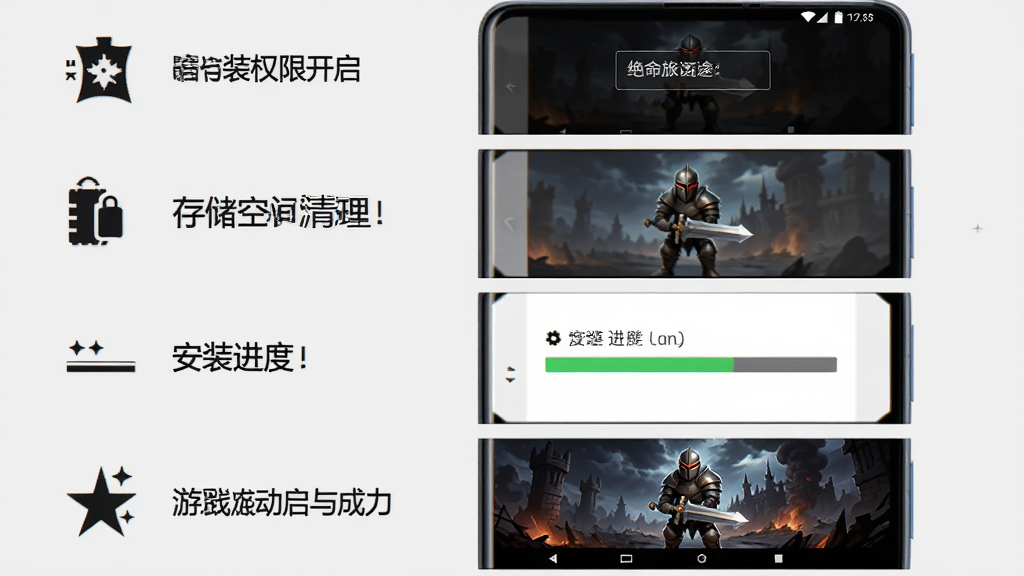 暗影骑士:绝命旅途原版安装器使用教程示意图,画面展示一部安卓手机屏幕从上到下依次显示安装权限开启、存储空间清理、安装进度条、游戏启动成功四个步骤的界面截图风格,每个步骤旁配有简洁的图标说明,背景为浅灰色,整体风格清晰直观,画质干净明亮,无多余元素
