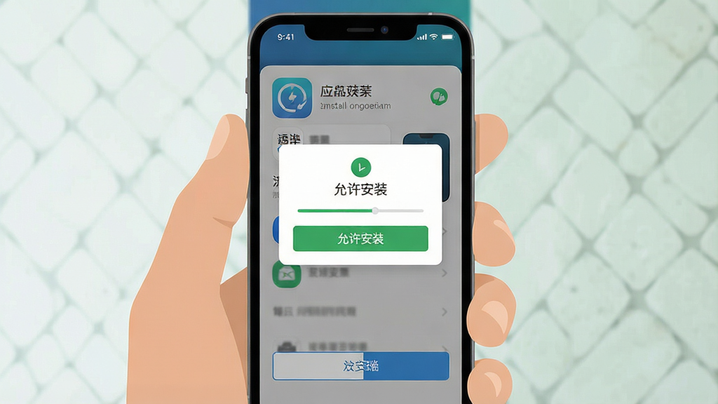 一张手机安装应用操作流程图,画面主体为手持智能手机显示安装确认弹窗界面,布局为竖屏手机正面特写,排版为居中弹窗与底部按钮,风格为扁平化UI展示风,细节包含