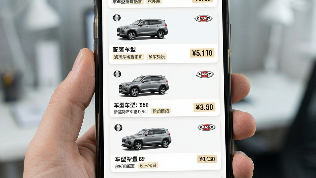 一张汽车报价页面展示图,画面主体为手机屏幕中显示多款汽车车型卡片列表,布局为纵向滚动式排版,每张卡片包含汽车侧身图、车型名称与价格标签,风格为清爽浅色商务风,细节包含品牌logo、价格数字、配置标签,画质清晰,画面干净整洁,无多余元素