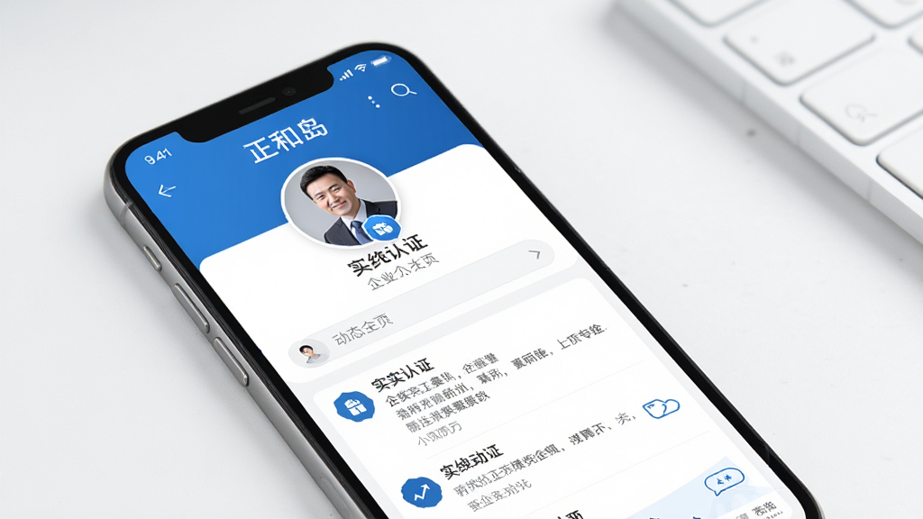 ���͵��罻�������棬չʾ��ҵ�Ҹ�����ҳ�붯̬������ʵ����֤��ʶ��Ŀ��������������ɫ���ɫΪ�����ֻ���Ļչʾ�����廭�ʣ������ɾ�