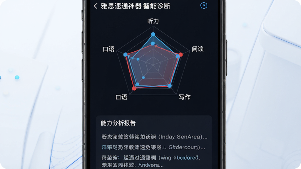 雅思速通神器 智能诊断界面,主体为手机屏幕显示雷达图与能力分析报告,布局为上方雷达图下方文字建议,排版纵向排列,风格为科技感教育数据分析风格,细节包含听力、阅读、写作、口语四维评分、红色薄弱项标记、蓝色优势项标记,画面干净整洁,高画质,2K分辨率