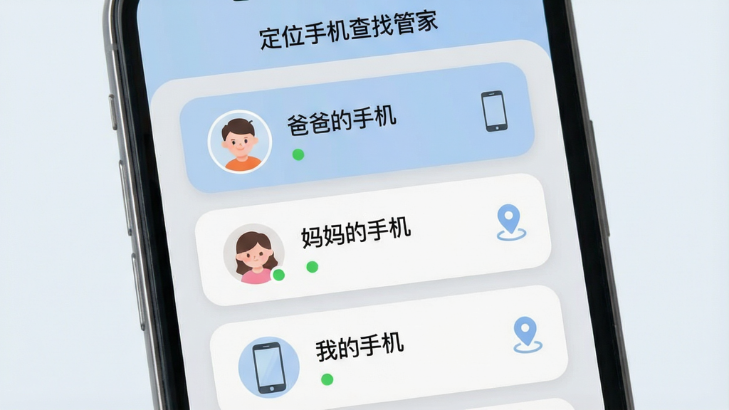 一张定位手机查找管家多设备管理界面图,画面中央是一部手机屏幕,屏幕内显示三个设备卡片,每个卡片上有设备名称“爸爸的手机”“妈妈的手机”“我的手机”以及对应的定位状态图标,卡片采用圆角设计,背景为浅灰色。顶部有软件名称“定位手机查找管家”。布局为纵向列表,风格为柔和圆角清新风,主色调浅蓝浅灰,细节包含头像圆圈、在线状态点、定位小图标。画质清晰,干净,无多余元素。