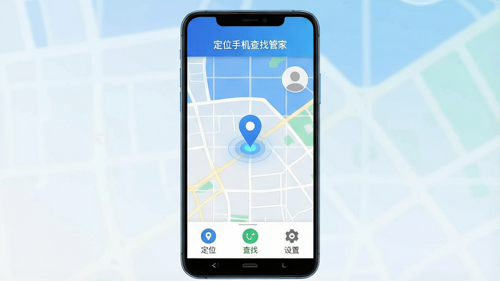 一张展示定位手机查找管家软件界面的手机预览图,画面中央是一部竖屏安卓手机,屏幕内显示地图与定位标记,顶部有软件名称“定位手机查找管家”字样,底部排列三个功能图标:定位、查找、设置。整体布局简洁干净,风格为现代扁平化科技风,主色调为蓝白渐变,细节包含地图网格、定位光点、圆形头像占位符。画质清晰,干净,无多余元素。