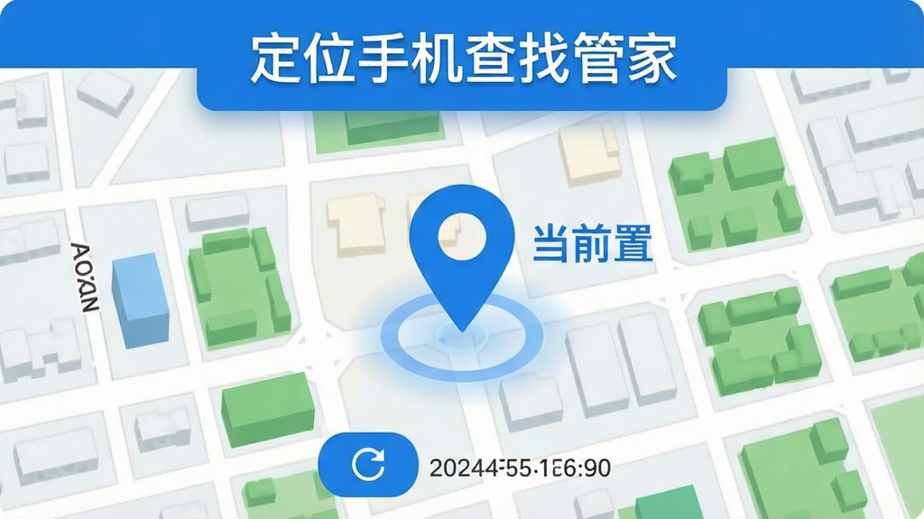 一张定位手机查找管家实时定位功能展示图,画面主体为一张城市地图,地图上有一个醒目的蓝色定位标记,标记旁标注“当前位置”文字,地图上方悬浮软件名称“定位手机查找管家”的标题栏,下方有刷新按钮和时间戳。布局为上下结构,风格为清爽扁平化,主色调蓝白绿,细节包含街道线条、建筑块面、定位光圈。画质清晰,干净,无多余元素。