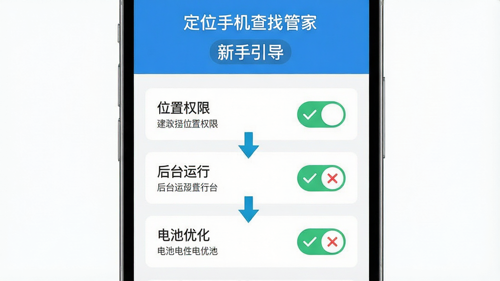 一张定位手机查找管家新手设置引导图,画面中央是一部手机,屏幕显示权限设置页面,页面上有“位置权限”“后台运行”“电池优化”三个开关选项,每个选项旁有对勾或叉号图标,顶部有软件名称“定位手机查找管家”和“新手引导”字样。布局为纵向列表,风格为简洁明快扁平风,主色调白蓝绿,细节包含开关按钮、说明文字、箭头指示。画质清晰,干净,无多余元素。
